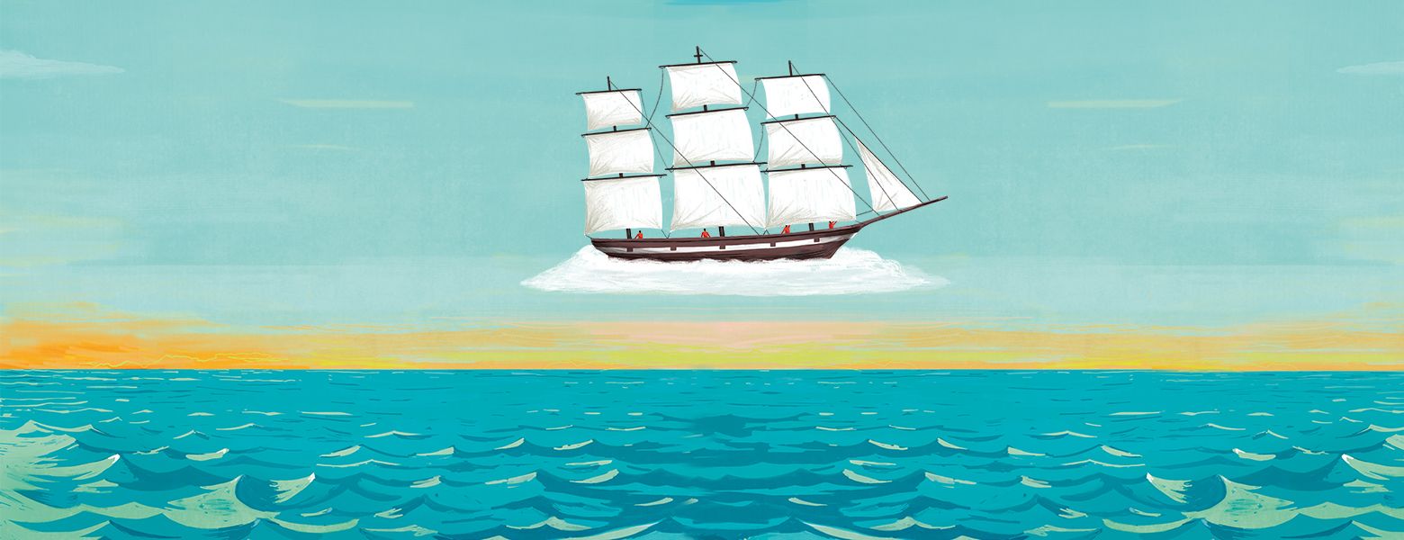 Illustration eines Segelschiffs, das auf einer Wolke über dem Meer schwebt, vor einem farbenfrohen Himmel bei Sonnenuntergang