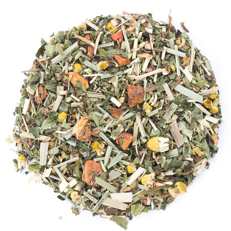 Loose herbal tea blend with lemongrass, chamomile flowers, dried apple pieces, and green leaves 