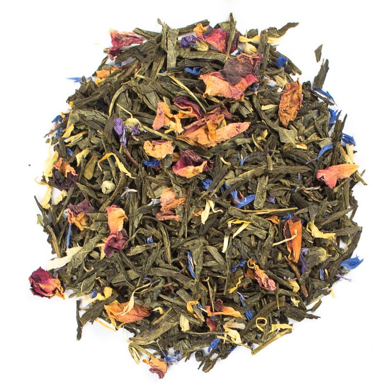 Flavored loose Chai tea with green tea leaves and colorful flower petals